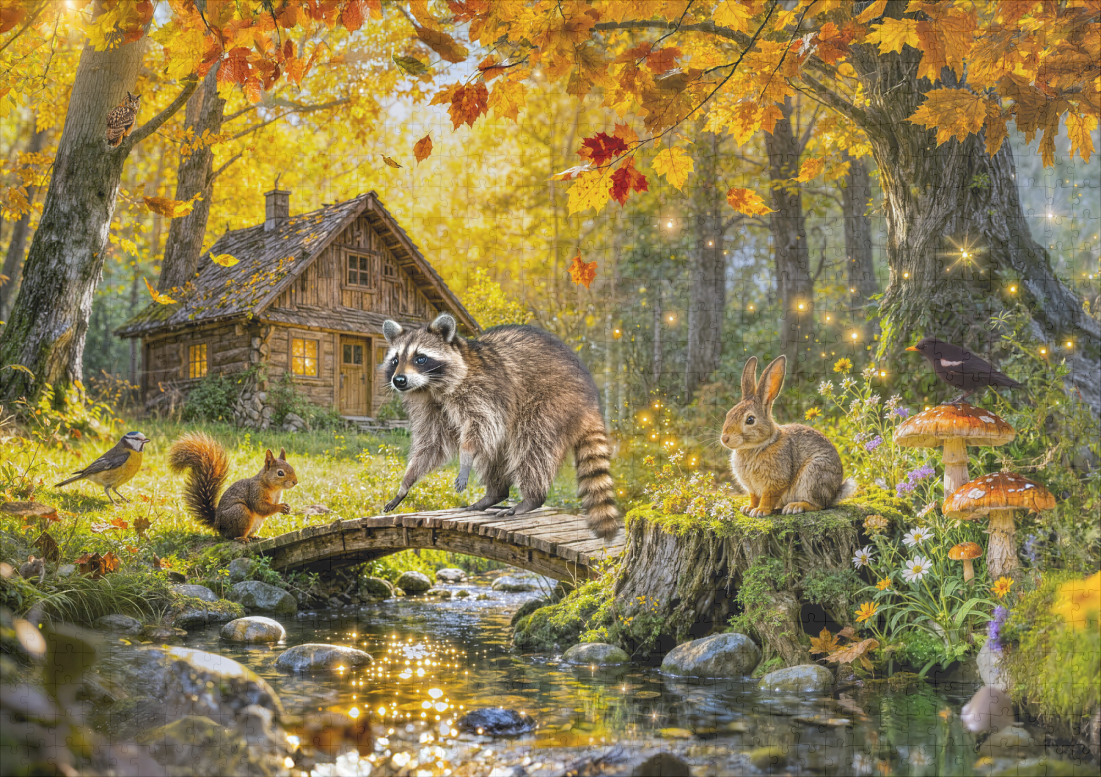 raxxa Premium-Puzzle: Autumn Forest Cottage with forest animals and Mushrooms Artwork – Bild 2