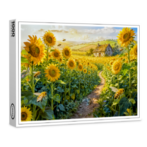 raxxa Premium-Puzzle: Sunflower Path Cottage with Cat and Blossoming Meadow Artwork
