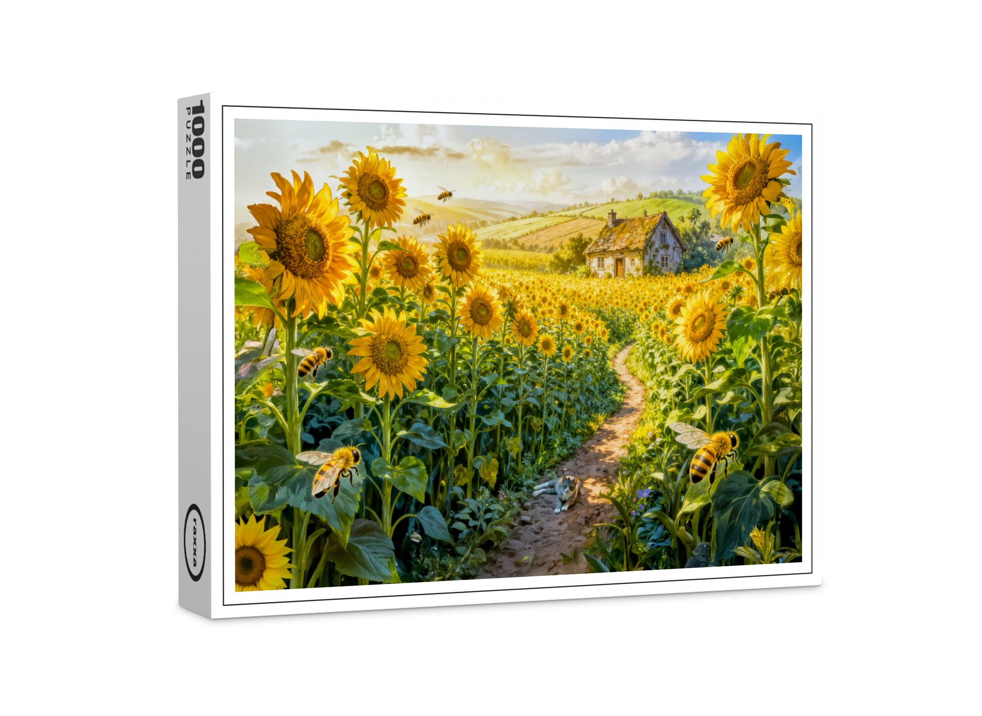 raxxa Premium-Puzzle: Sunflower Path Cottage with Cat and Blossoming Meadow Artwork