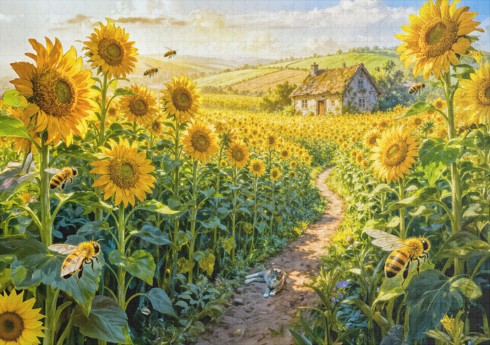 raxxa Premium-Puzzle: Sunflower Path Cottage with Cat and Blossoming Meadow Artwork - Image 2