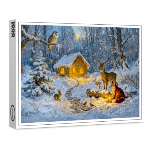 raxxa Premium-Puzzle: Winter Forest Cottage with Deer, Fox and Owl – Fantasy Artwork
