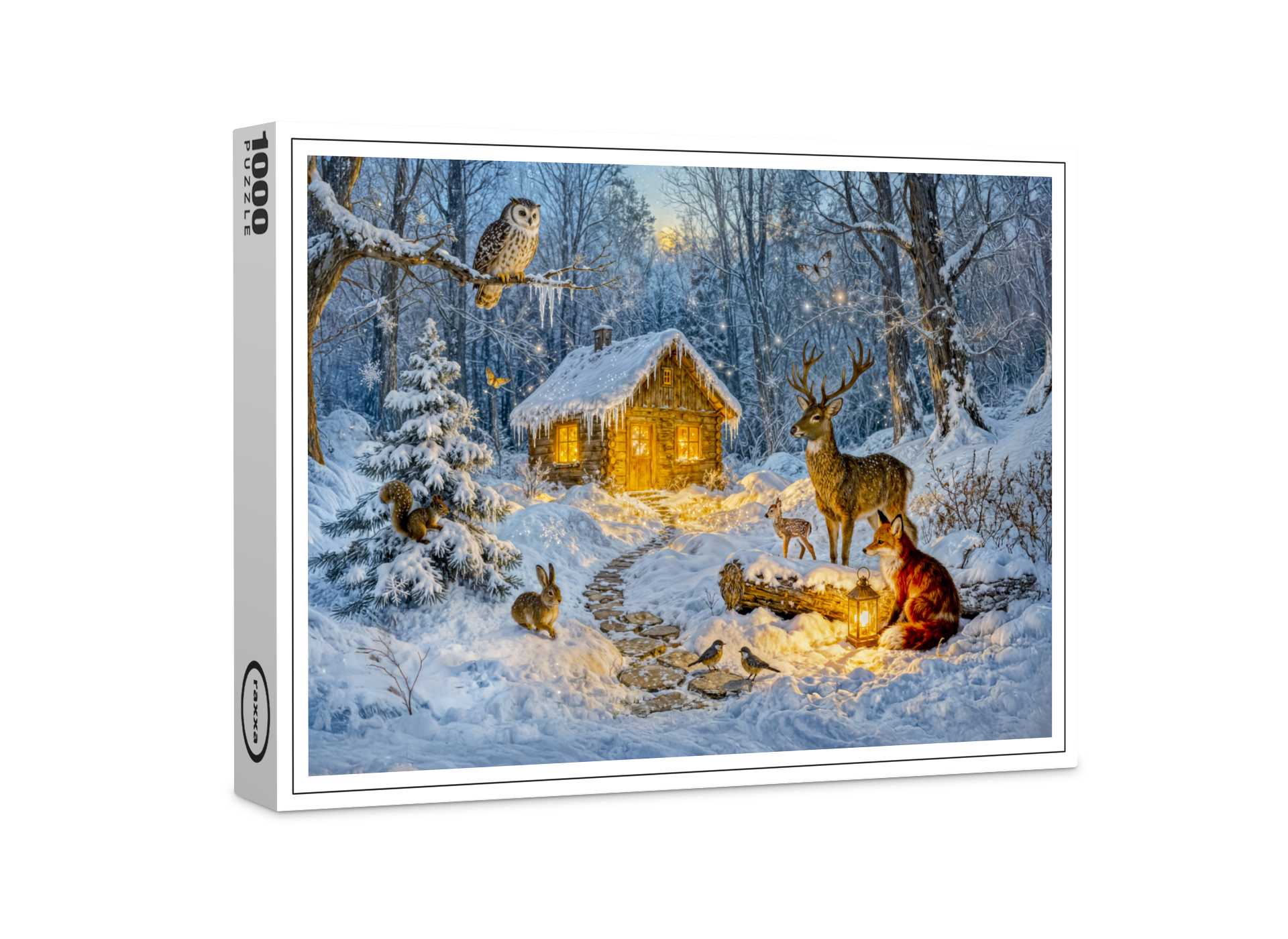 raxxa Premium-Puzzle: Winter Forest Cottage with Deer, Fox and Owl – Fantasy Artwork