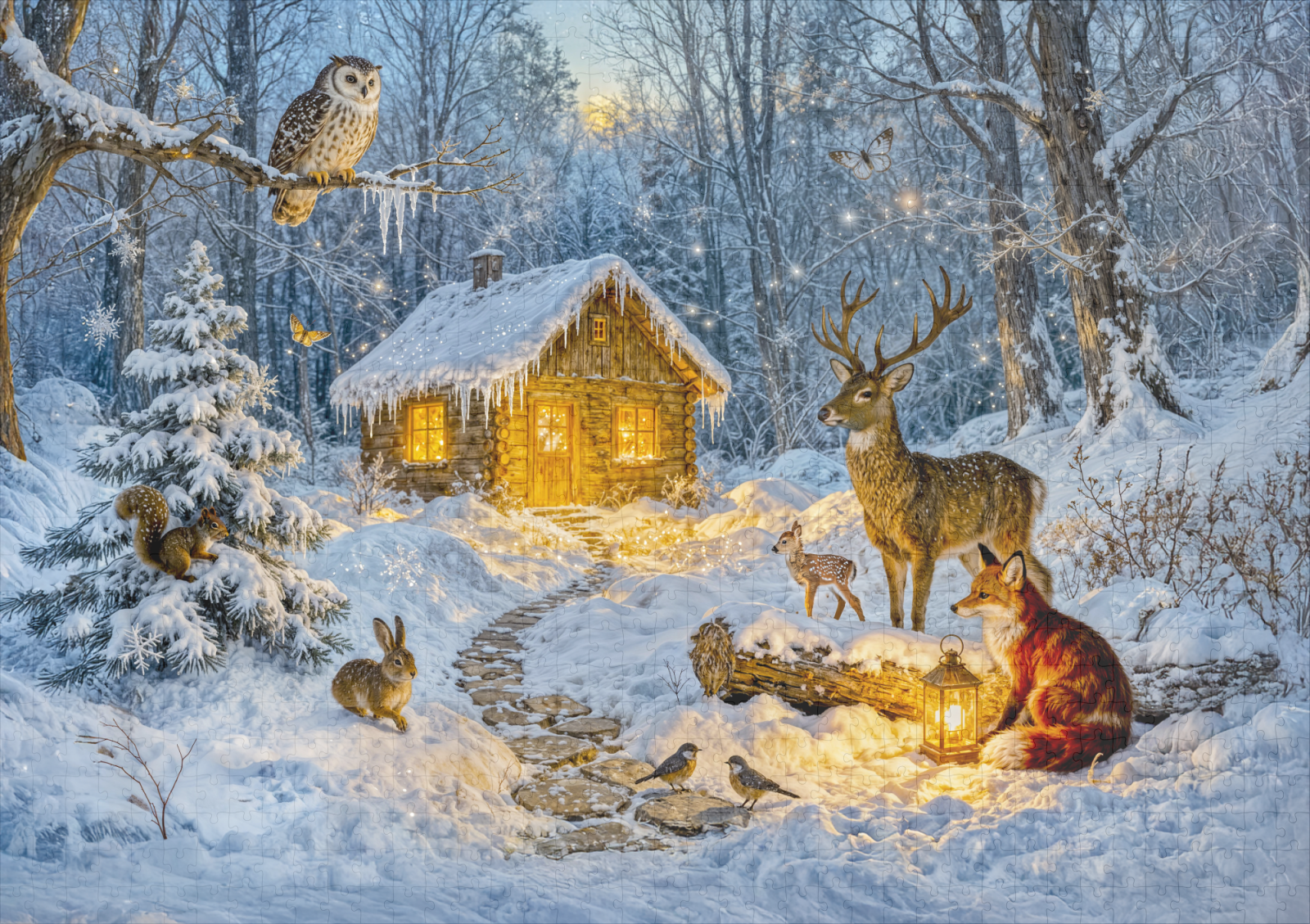 raxxa Premium-Puzzle: Winter Forest Cottage with Deer, Fox and Owl – Fantasy Artwork - immagine 2