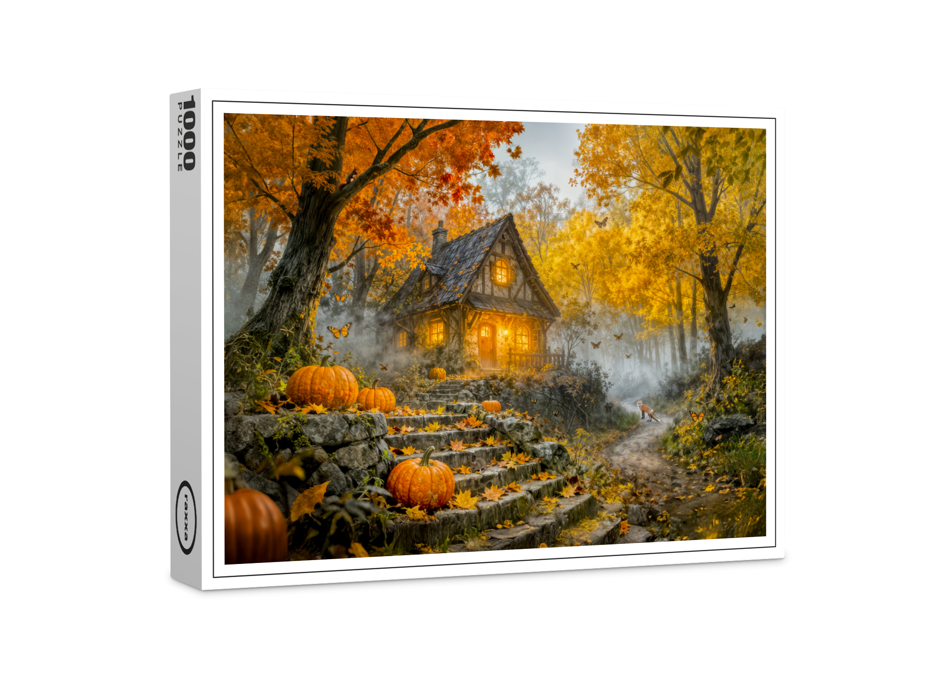 raxxa Premium-Puzzle: Autumn Forest Cottage with forest animals and Mushrooms Artwork