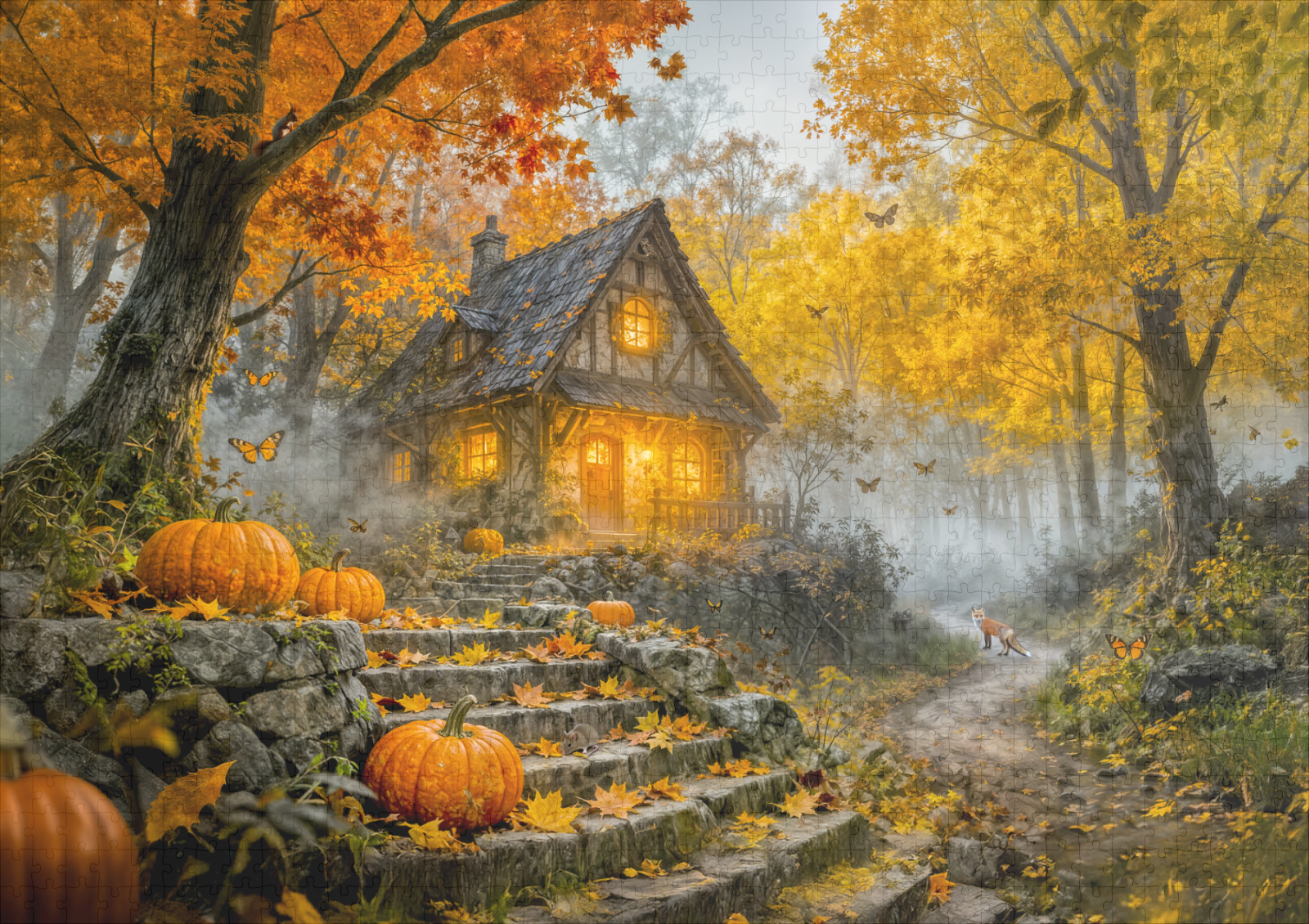 raxxa Premium-Puzzle: Autumn Forest Cottage with forest animals and Mushrooms Artwork – Image 2