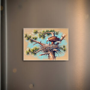raxxa Glas-Magnet: Eagle Feeding Young in Nest on Pine Tree Pastel Chalk Drawing