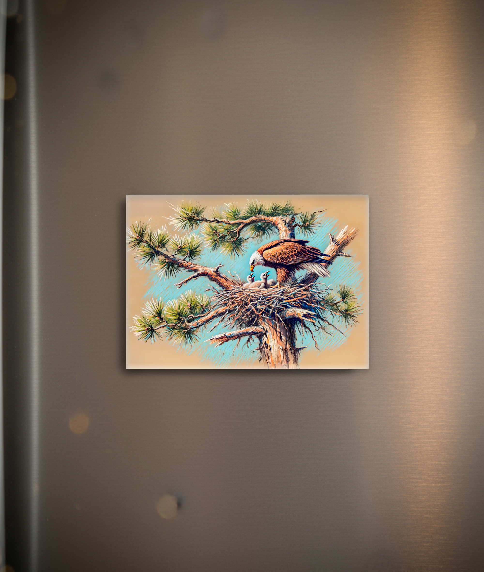 raxxa Glas-Magnet: Eagle Feeding Young in Nest on Pine Tree Pastel Chalk Drawing