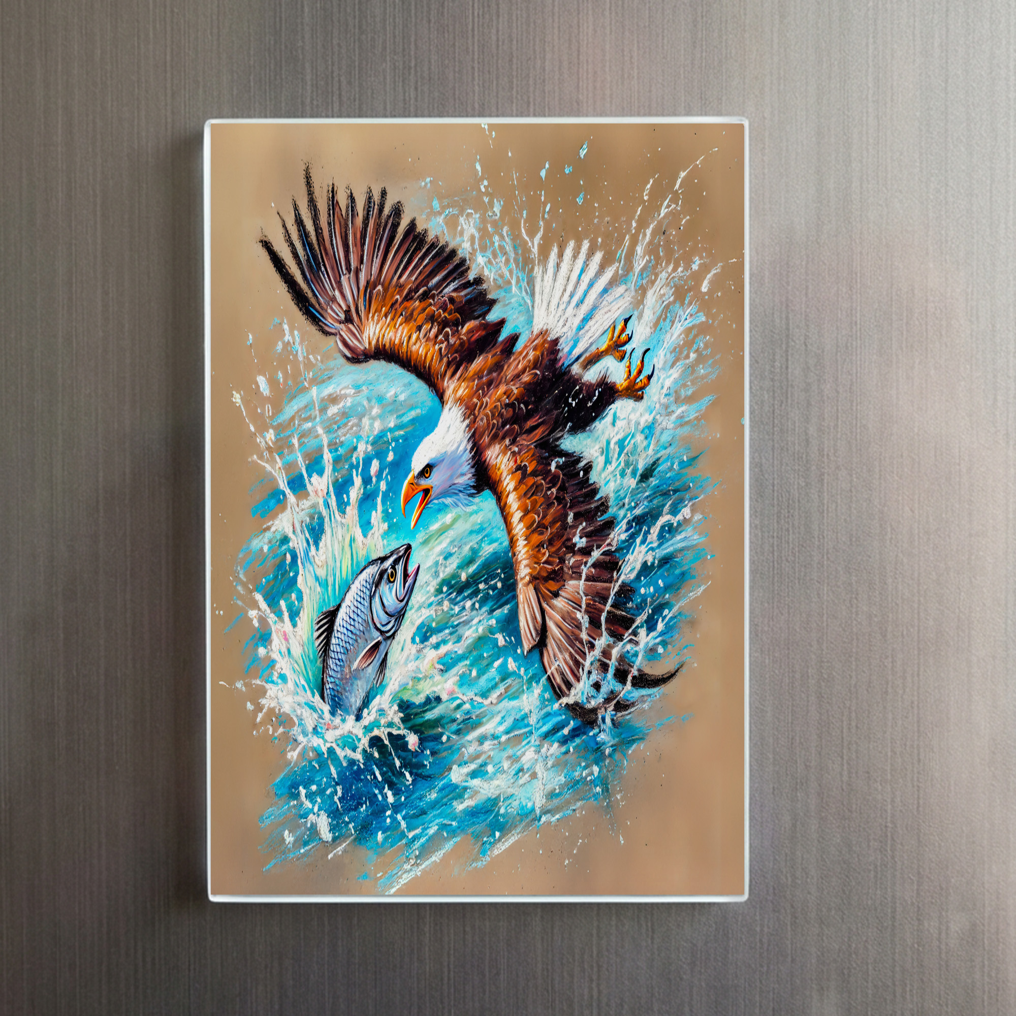 raxxa Glas-Magnet: Eagle Flying Over River Hunting for Salmon Pastel Chalk Drawing - Image 2