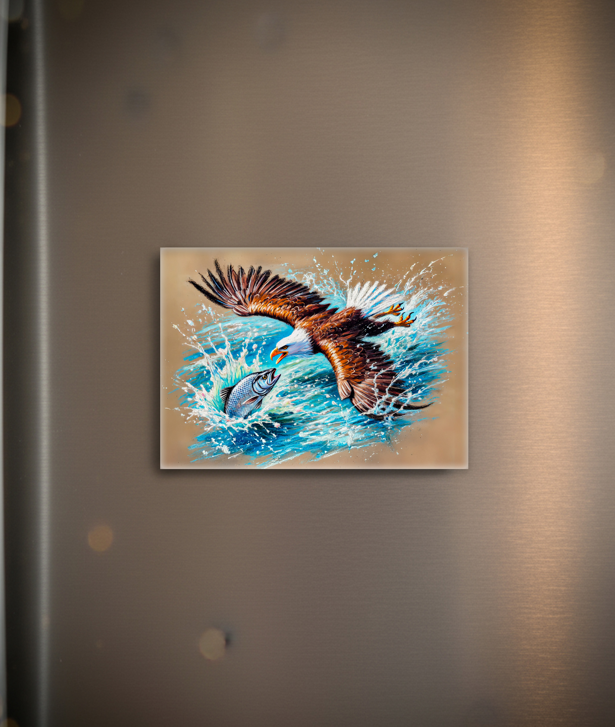raxxa Glas-Magnet: Eagle Flying Over River Hunting for Salmon Pastel Chalk Drawing