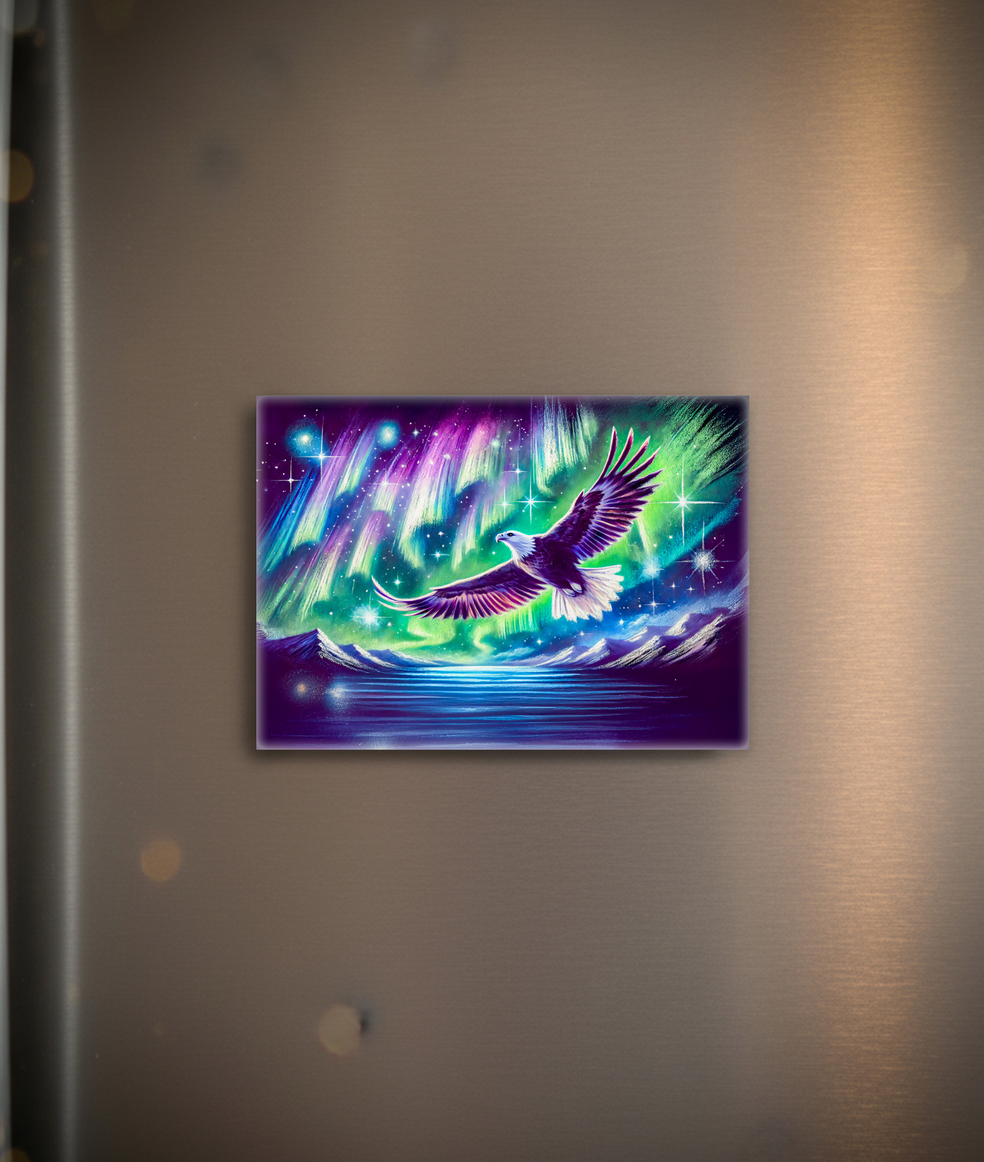 raxxa Glas-Magnet: Eagle Flying Over Mountain Lake with Northern Lights Pastel Chalk Drawing