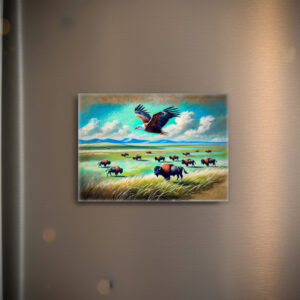 raxxa Glas-Magnet: Eagle Flying Over Buffalo Herd in North America Pastel Chalk Drawing
