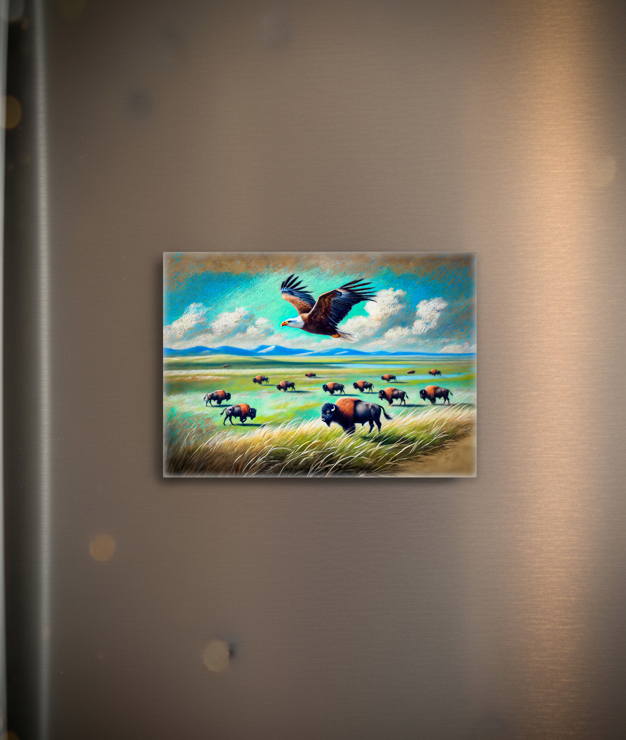 raxxa Glas-Magnet: Eagle Flying Over Buffalo Herd in North America Pastel Chalk Drawing