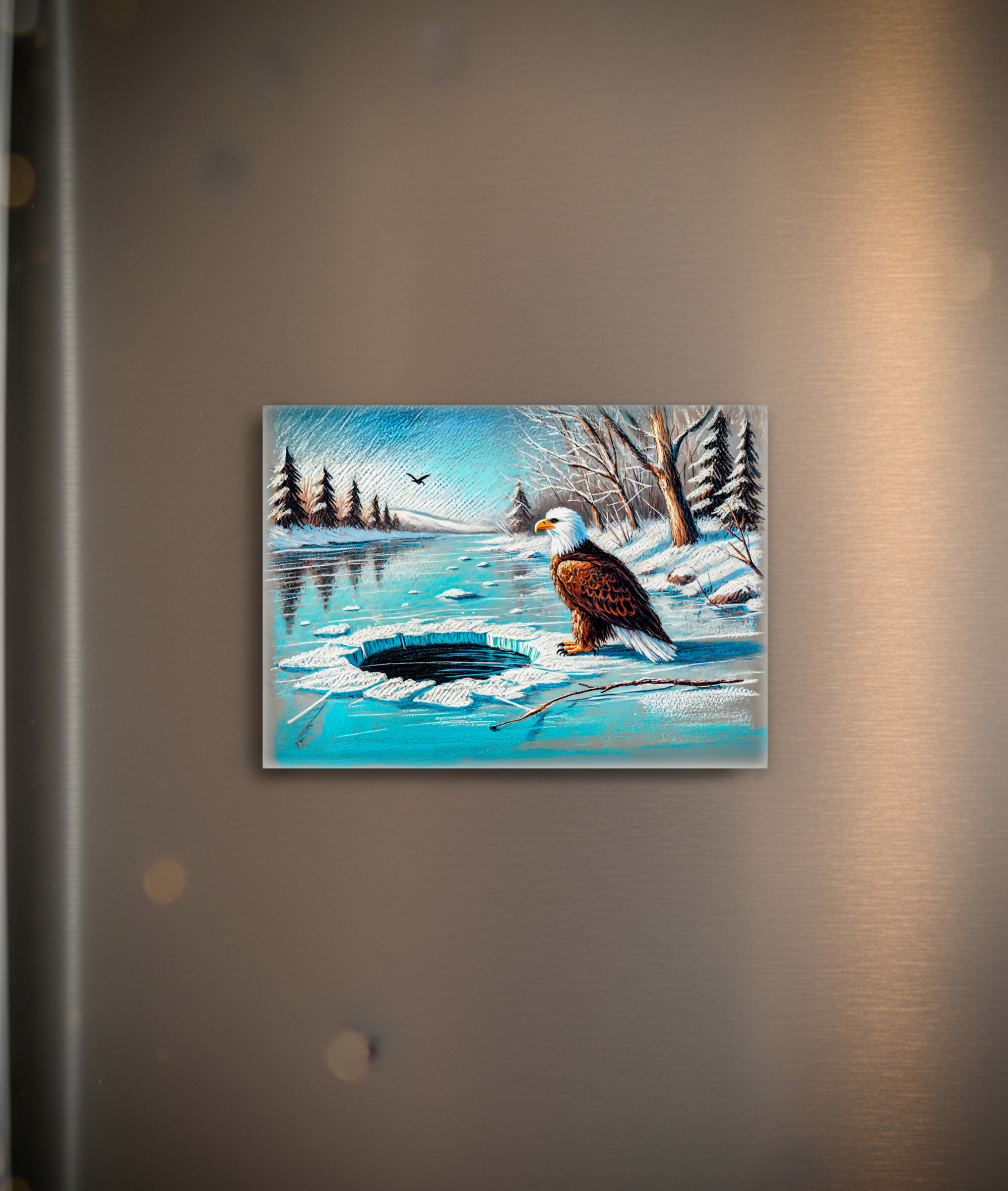 raxxa Glas-Magnet: Eagle on Frozen River by Ice Hole Pastel Chalk Drawing