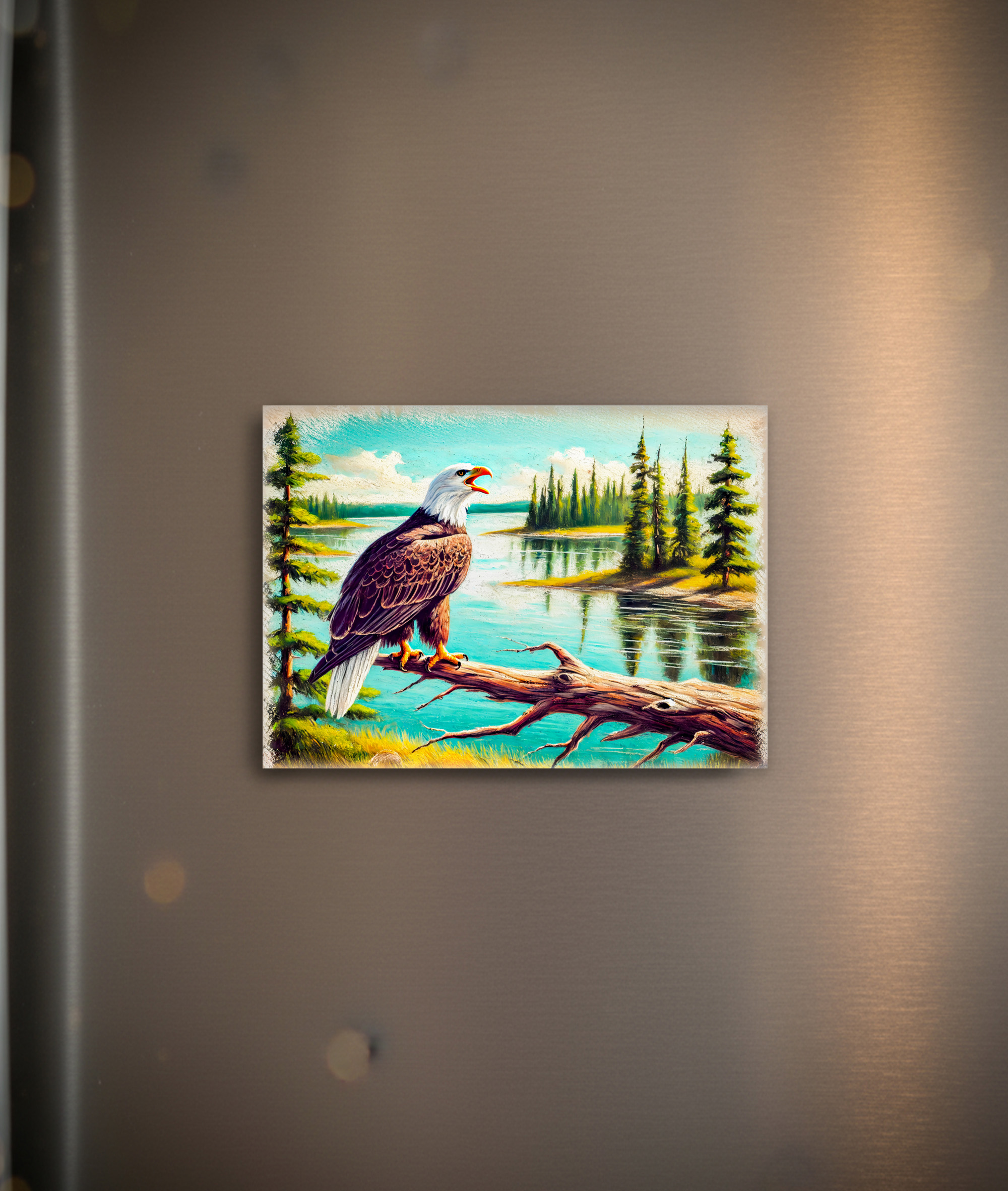 raxxa Glas-Magnet: Eagle Perched on Branch by Lake Pastel Chalk Drawing