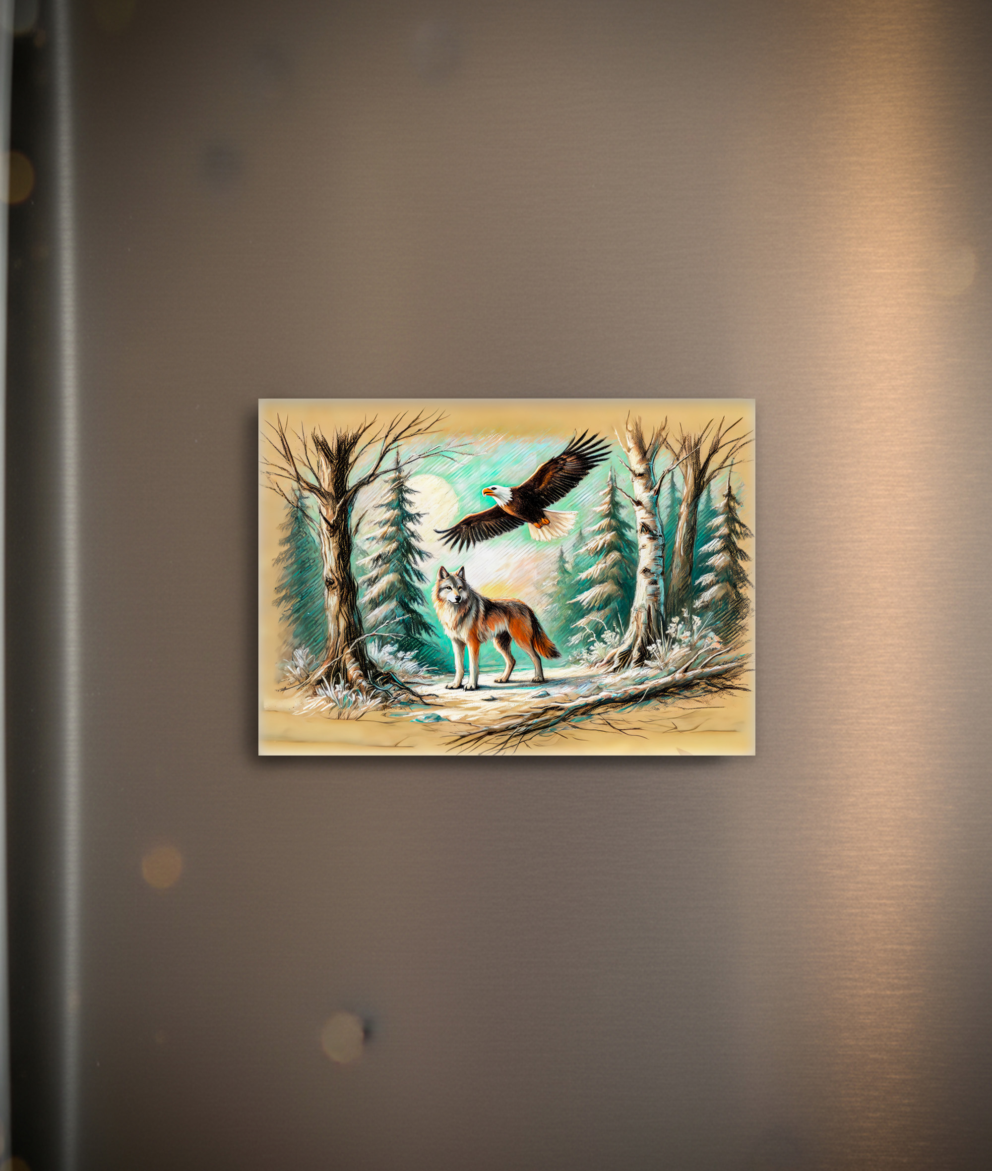 raxxa Glas-Magnet: Eagle and Wolf in the Forest Pastel Chalk Drawing