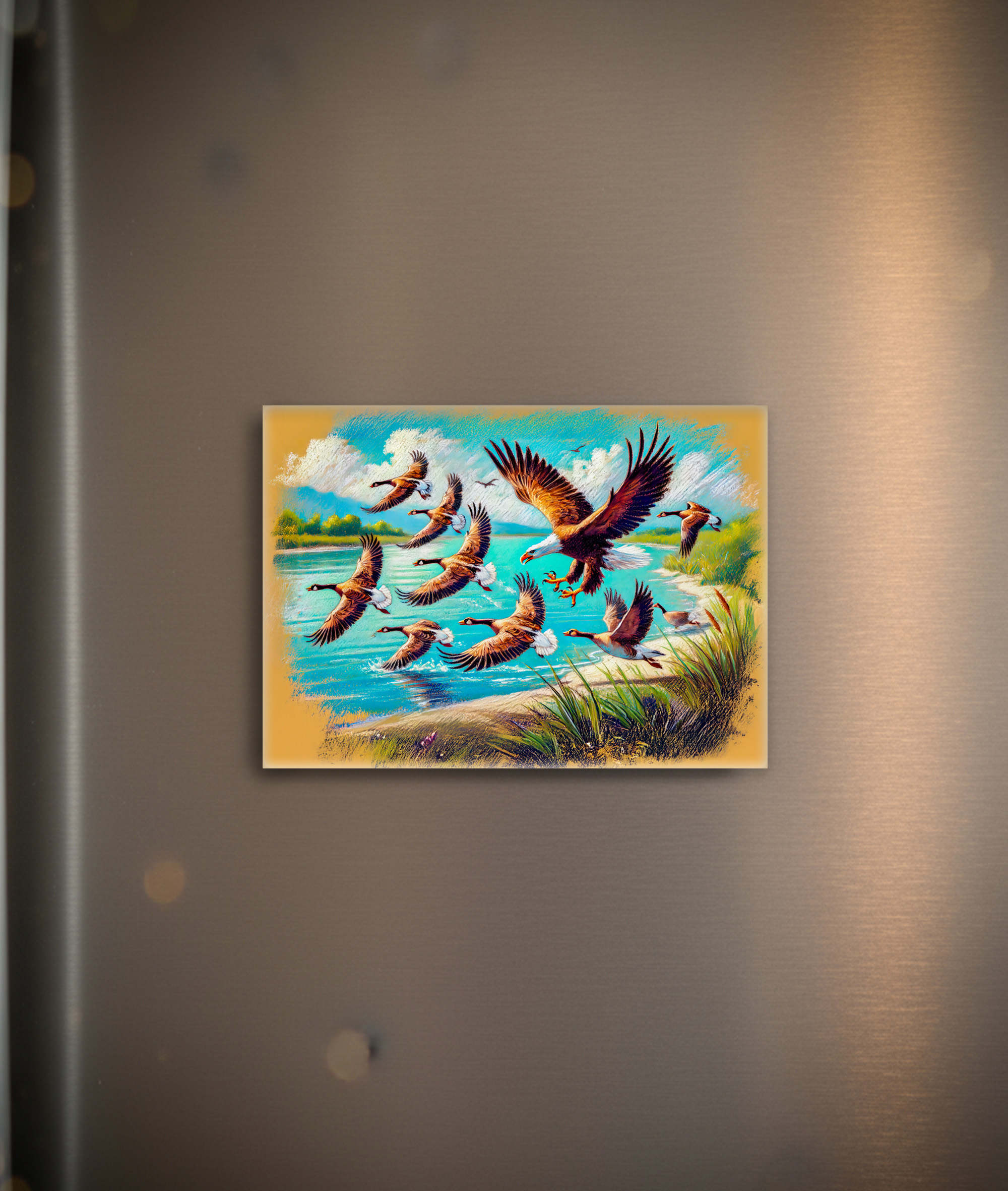 raxxa Glas-Magnet: Eagle Hunting Wild Geese by Lake Pastel Chalk Drawing