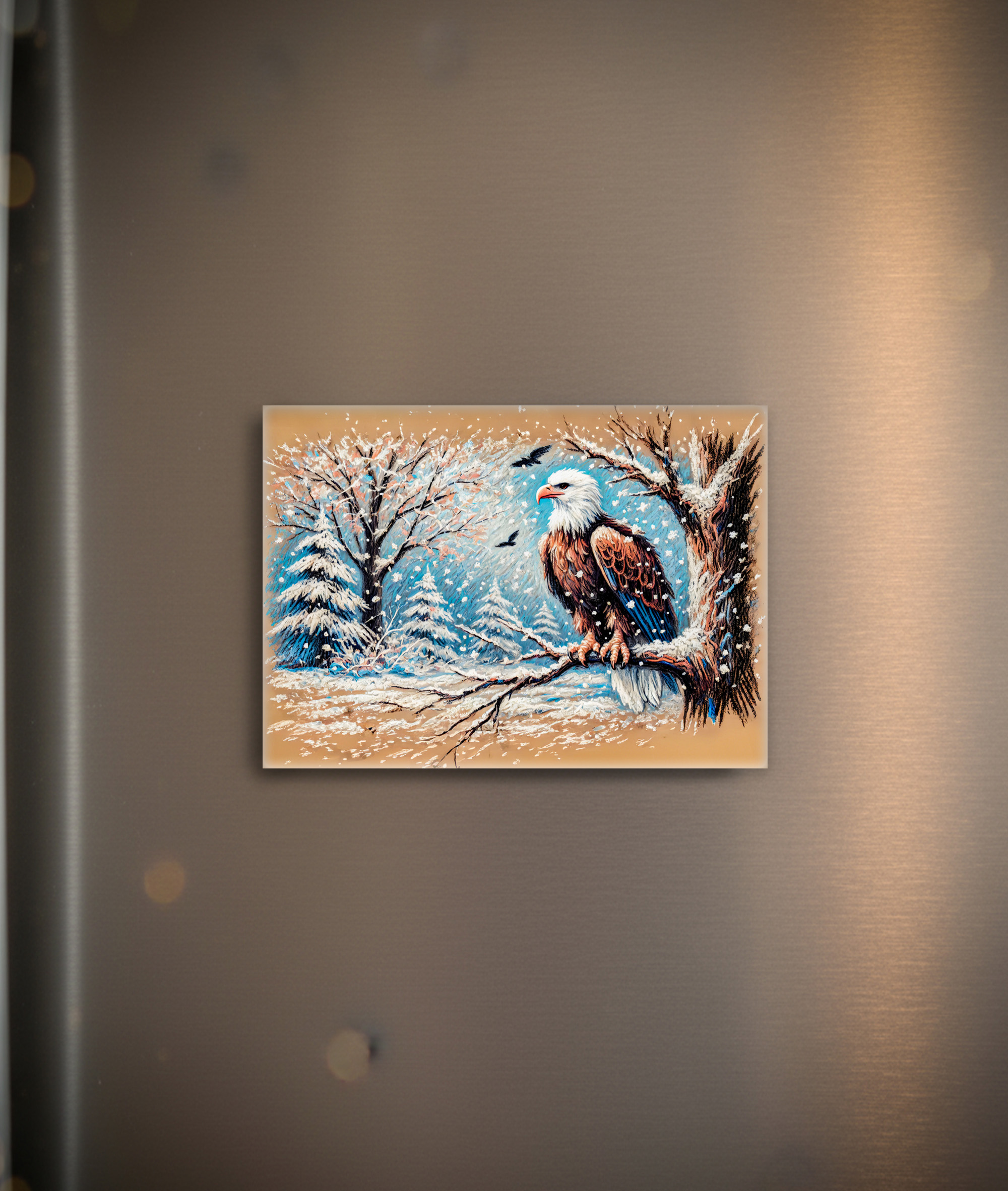 raxxa Glas-Magnet: Eagle Sitting on Tree During Snowfall in Winter Pastel Chalk Drawing