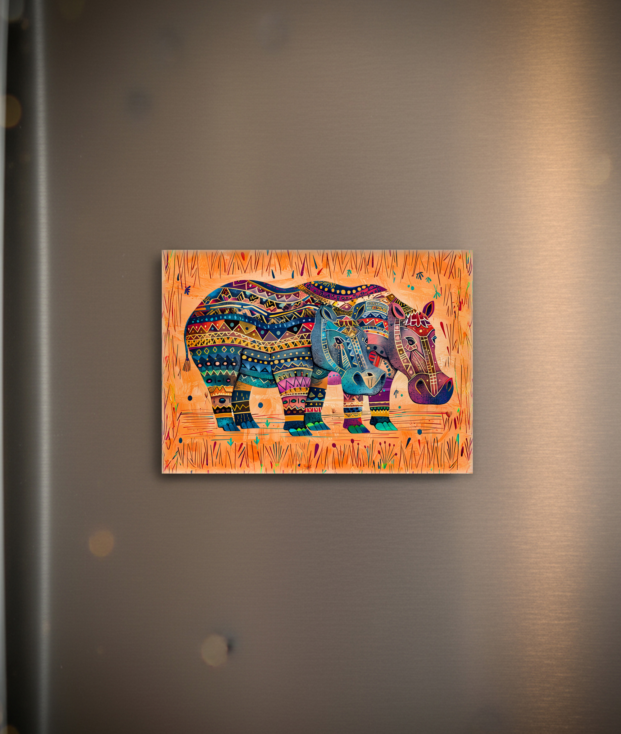 raxxa Glas-Magnet: African hippos with tribal pattern painting