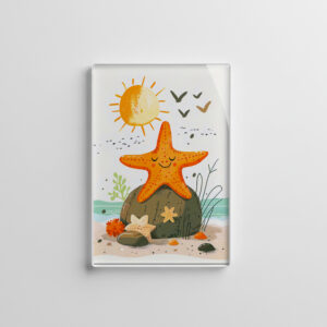 raxxa Glas-Magnet: Cartoon of Starfish on Rock by Ocean