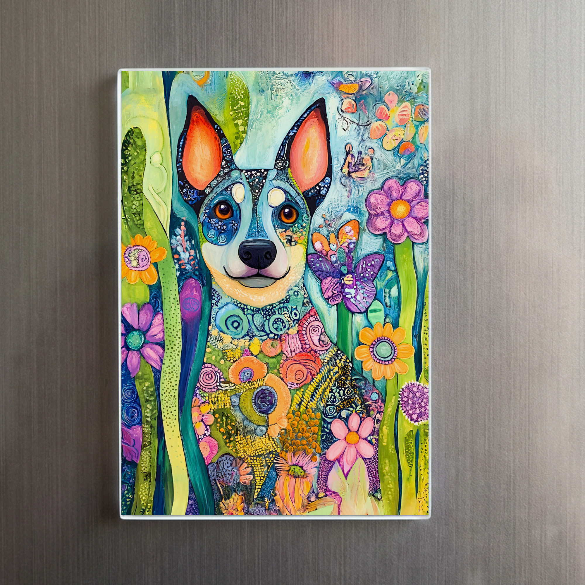 raxxa Glas-Magnet: Vibrant Pop-Art Dog in Neon Colors with flowers - Image 2