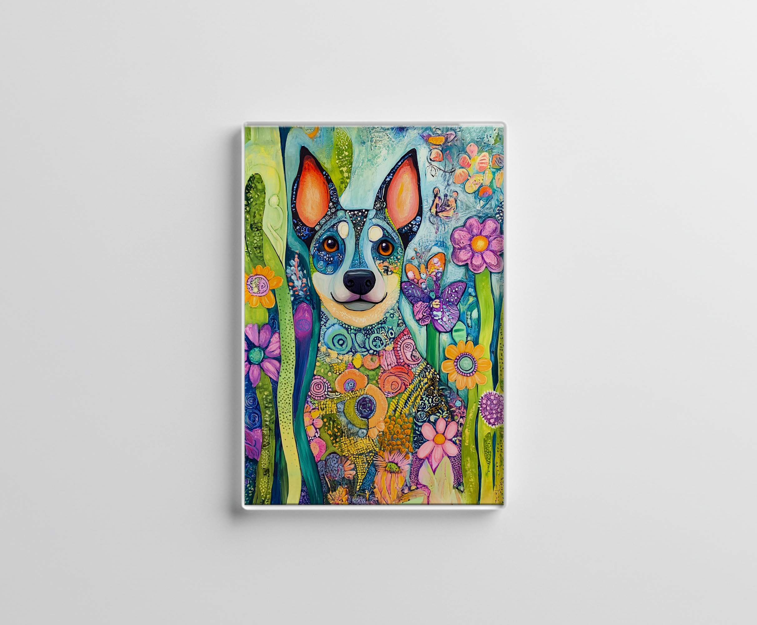 raxxa Glas-Magnet: Vibrant Pop-Art Dog in Neon Colors with flowers