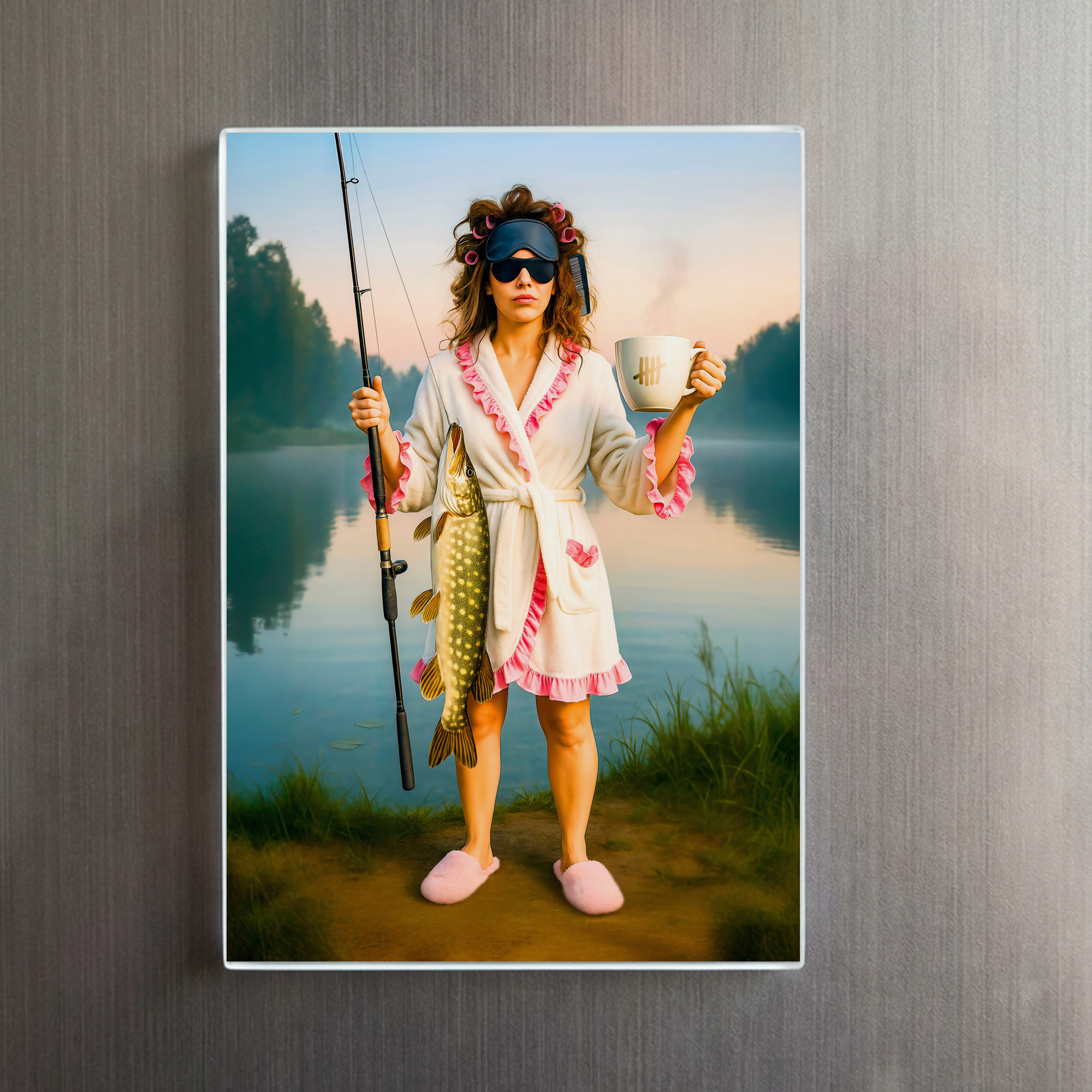 raxxa Glas-Magnet: Sleepy Woman in Robe Catches a Big Pike - immagine 2
