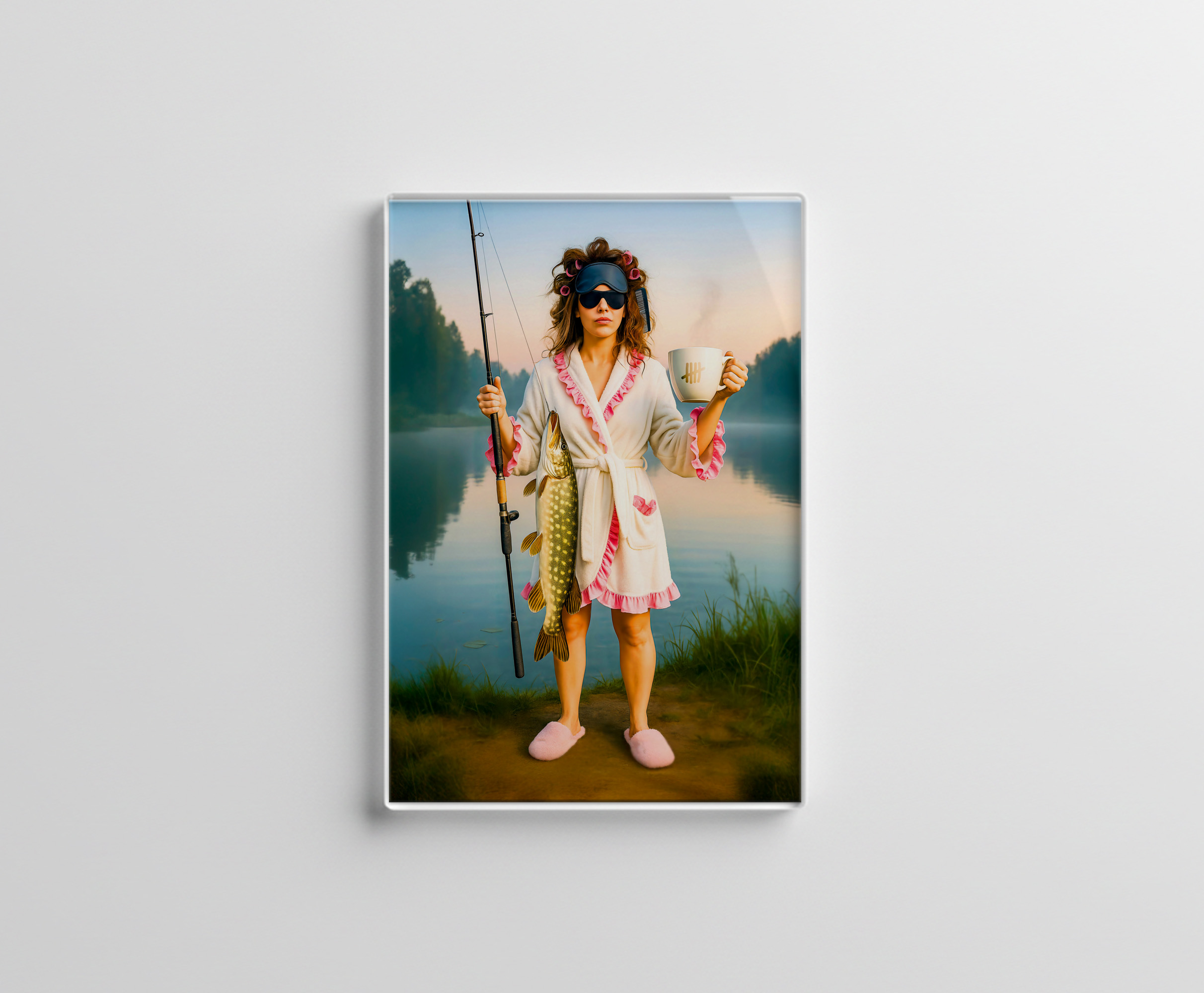 raxxa Glas-Magnet: Sleepy Woman in Robe Catches a Big Pike