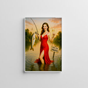 raxxa Glas-Magnet: Elegant Woman in Red Dress Holding Big Fish