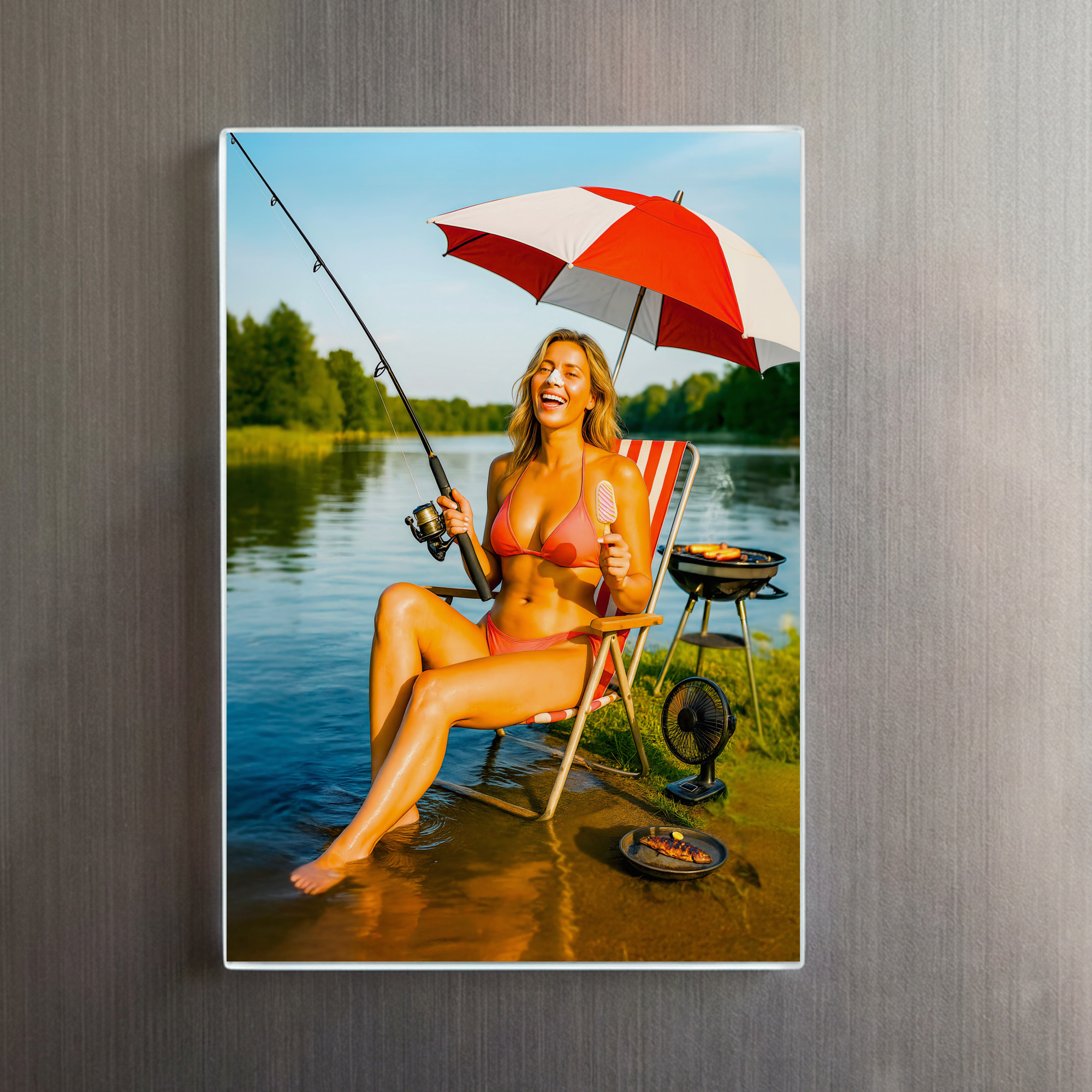 raxxa Glas-Magnet: Woman Fishing Under Parasol While Eating Ice Cream – Image 2