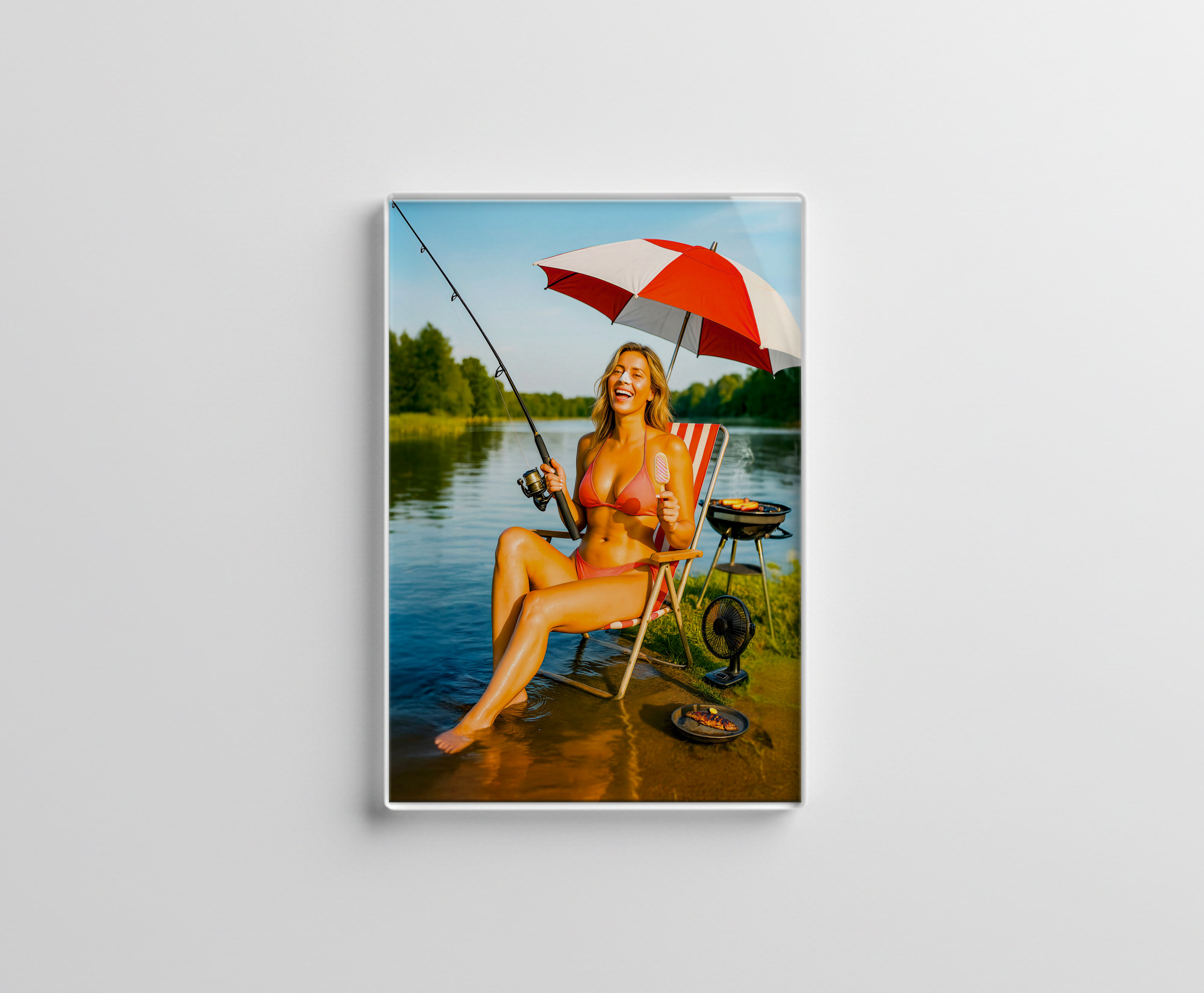 raxxa Glas-Magnet: Woman Fishing Under Parasol While Eating Ice Cream