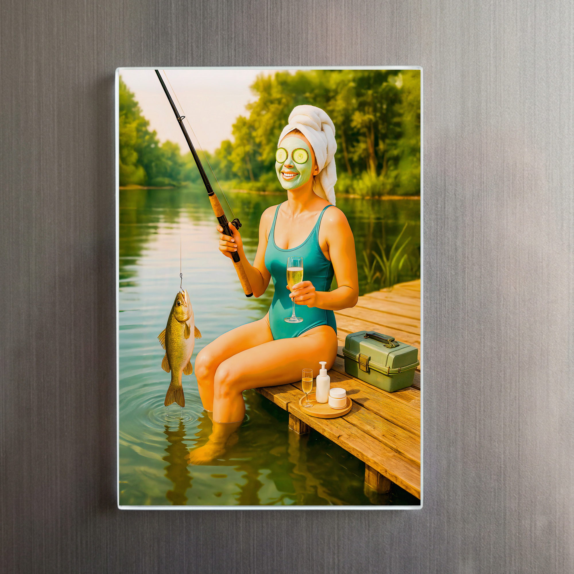 raxxa Glas-Magnet: Woman in Bikini Fishing from Wooden Dock – Image 2
