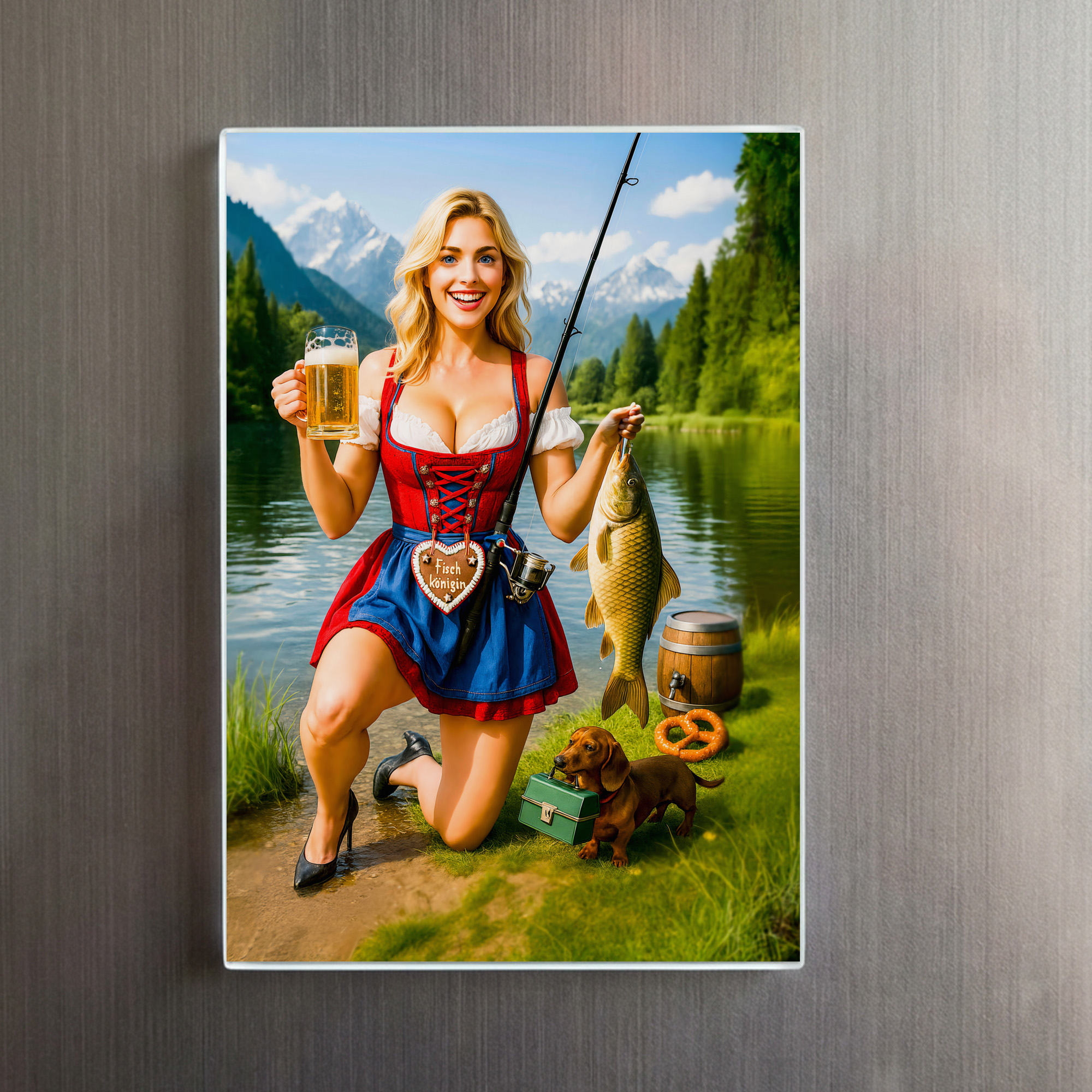 raxxa Glas-Magnet: Funny Girl Fishing in Traditional Bavarian Dress – Image 2