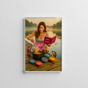 raxxa Glas-Magnet: Woman Cooking Glitter Bait for frish on the Dock