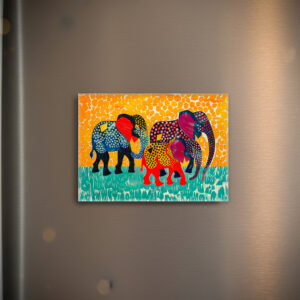 raxxa Glas-Magnet: Three Abstract Elephants in Yellow Dot Field