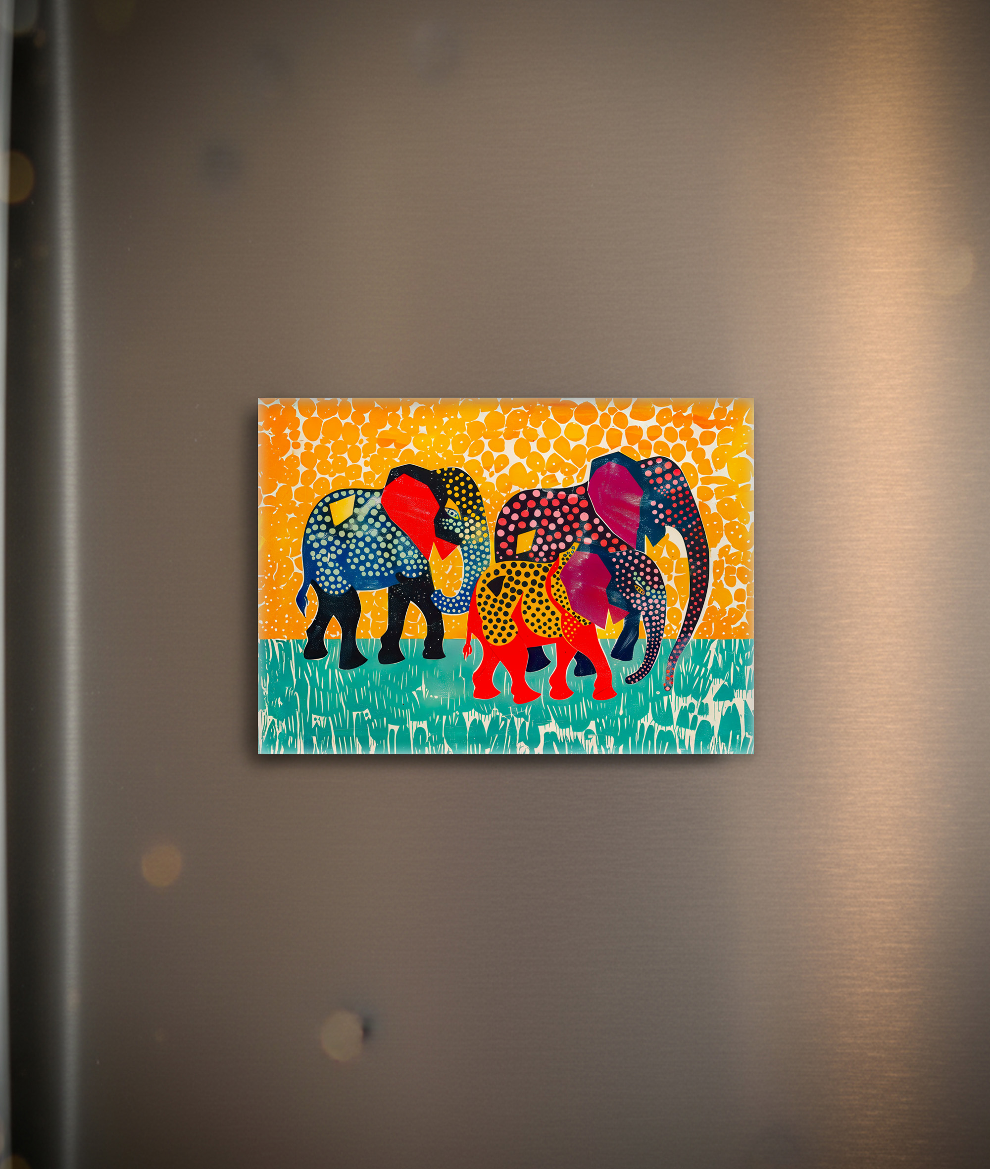 raxxa Glas-Magnet: Three Abstract Elephants in Yellow Dot Field