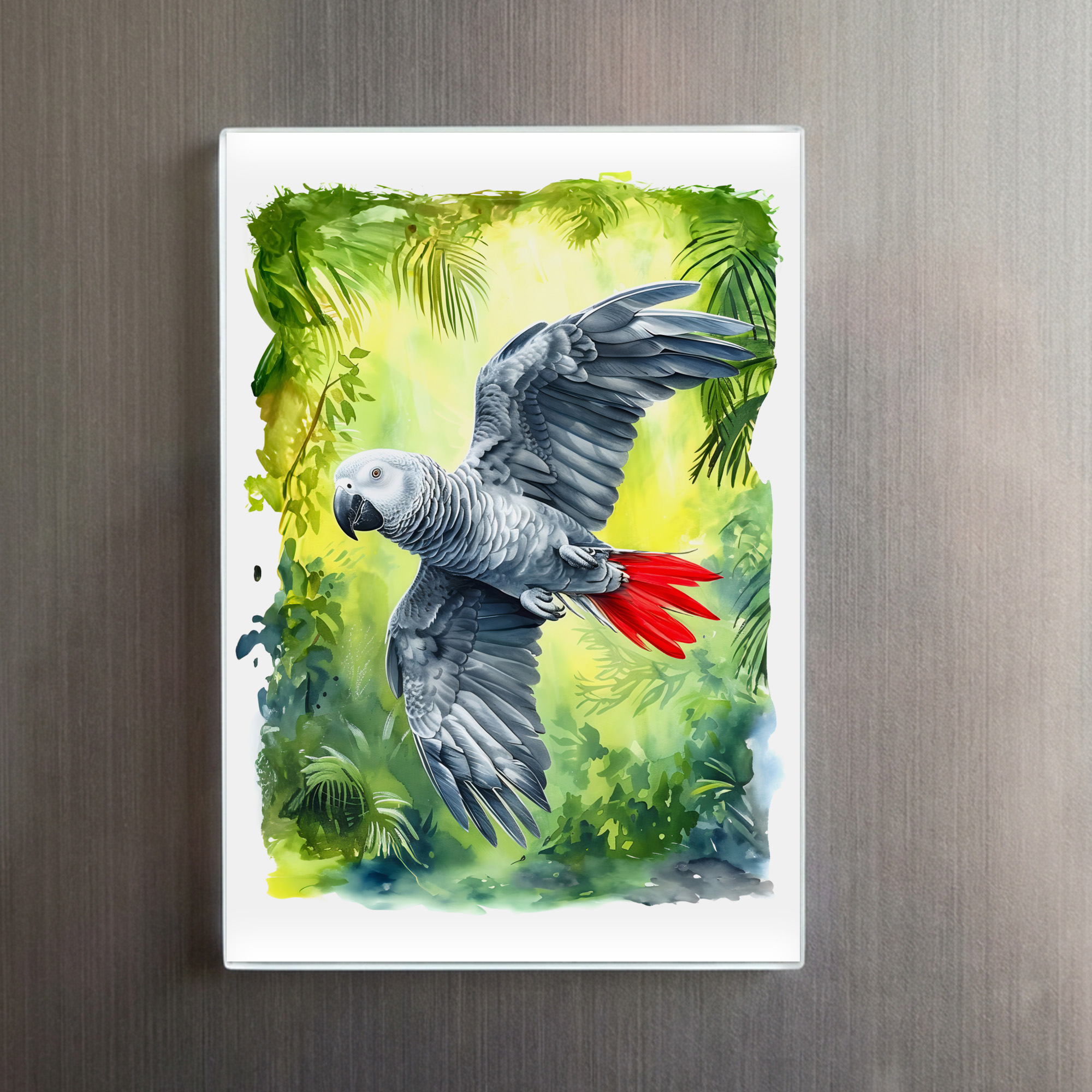 raxxa Glas-Magnet: Watercolor painting of African grey parrot in jungle - Image 2