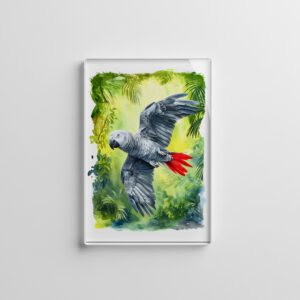 raxxa Glas-Magnet: Watercolor painting of African grey parrot in jungle