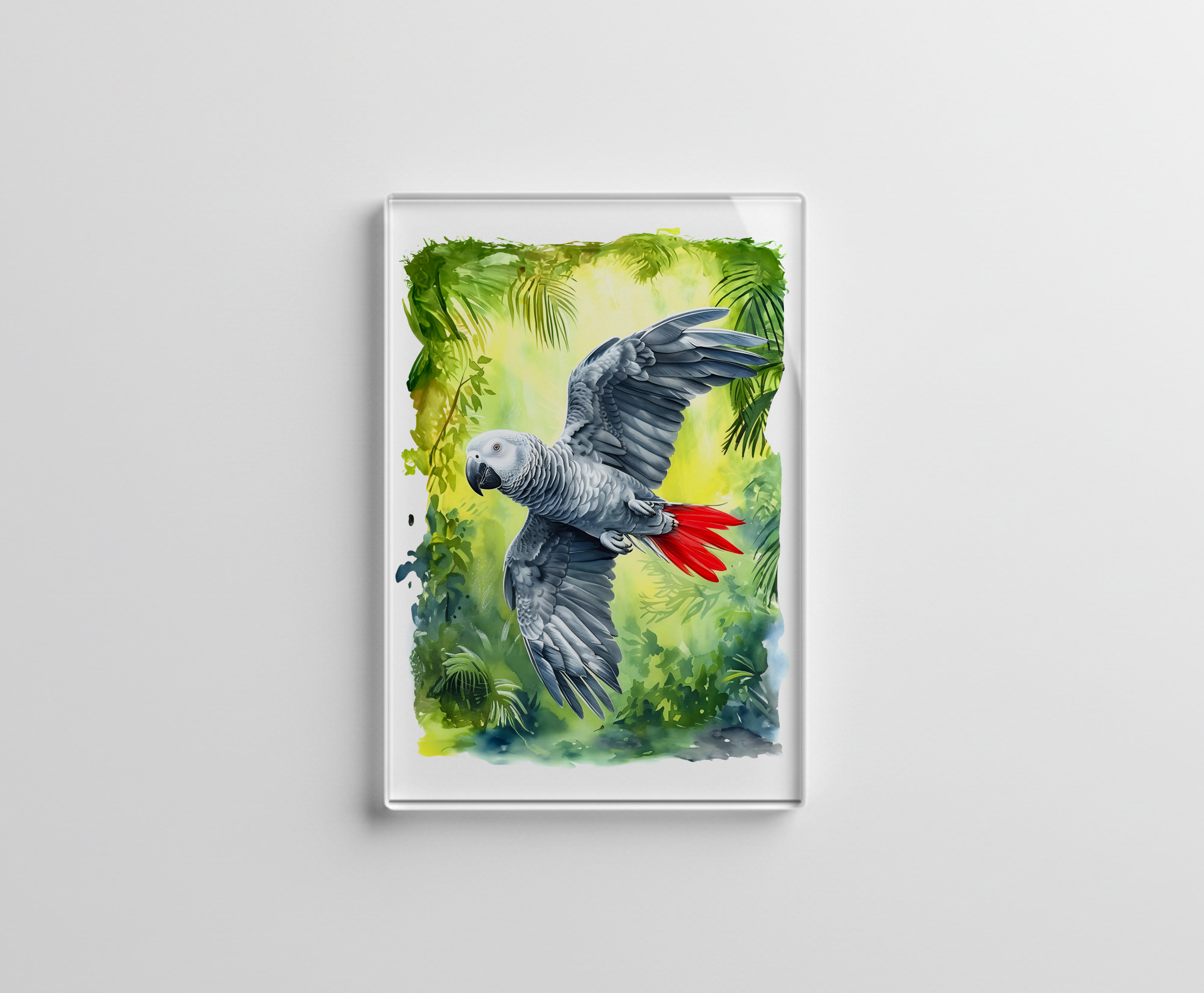 raxxa Glas-Magnet: Watercolor painting of African grey parrot in jungle