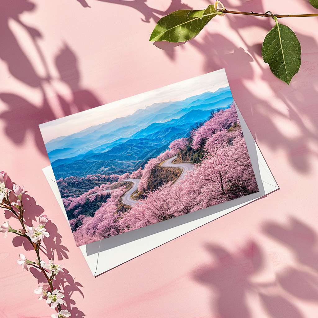 raxxa Postkarte: Roads Through Mountain Landscape with Blooming Cherry Trees