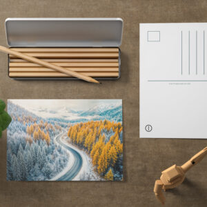 raxxa Postkarte: Winter Roads Through Mountain Forest with Orange Larches