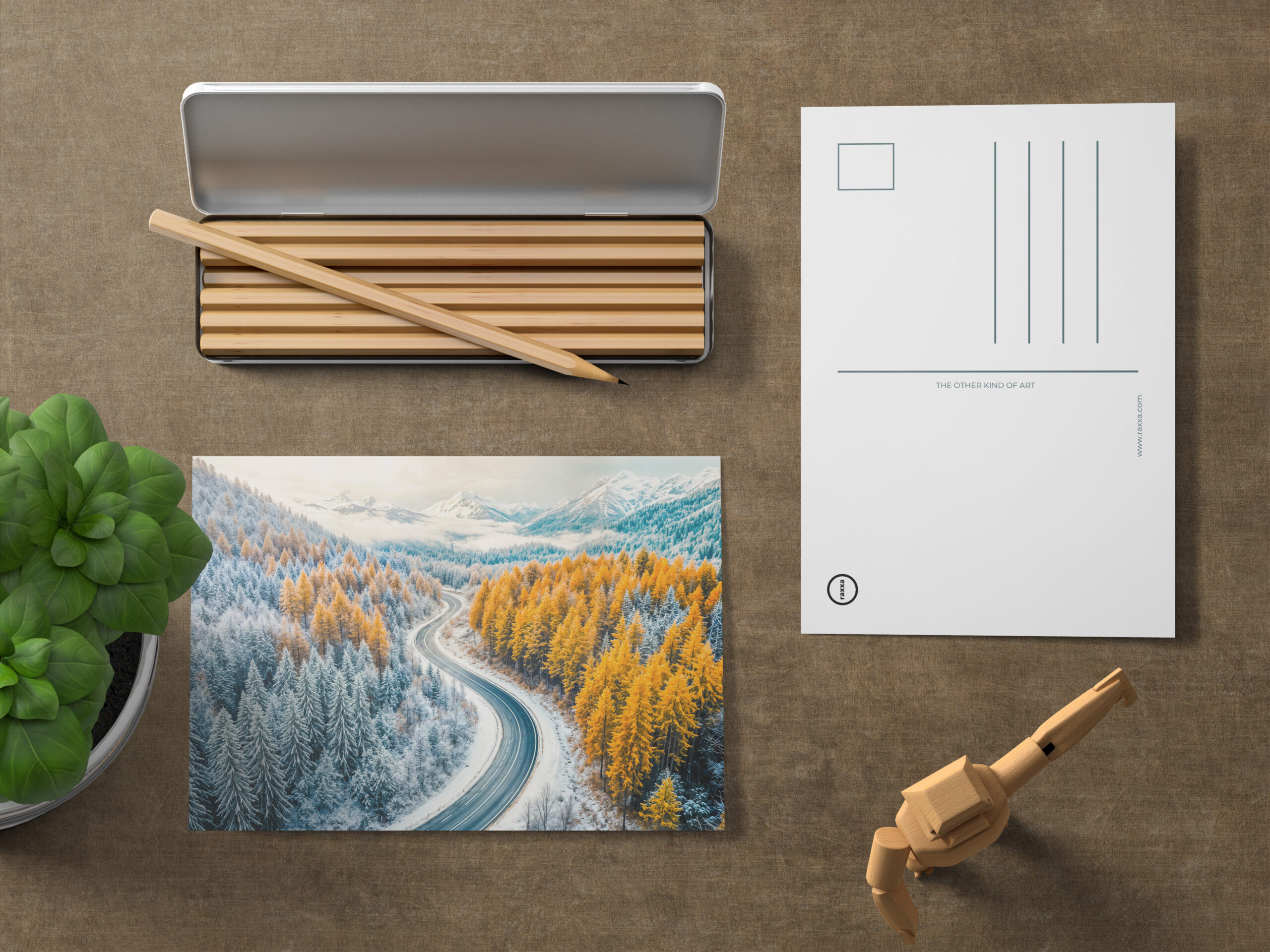 raxxa Postkarte: Winter Roads Through Mountain Forest with Orange Larches