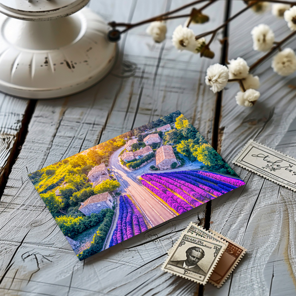 raxxa Postkarte: Village with Lavender Fields and Winding Roads