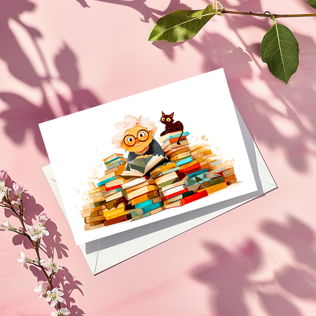 raxxa Postkarte: Senior woman reading in books with cheerful expressions
