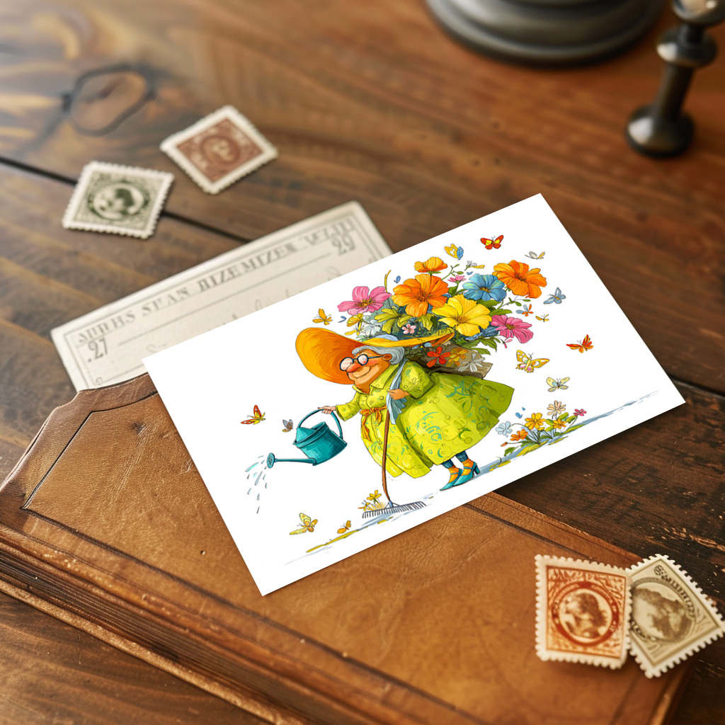 raxxa Postkarte: Funny illustration of grandma gardening with flowers