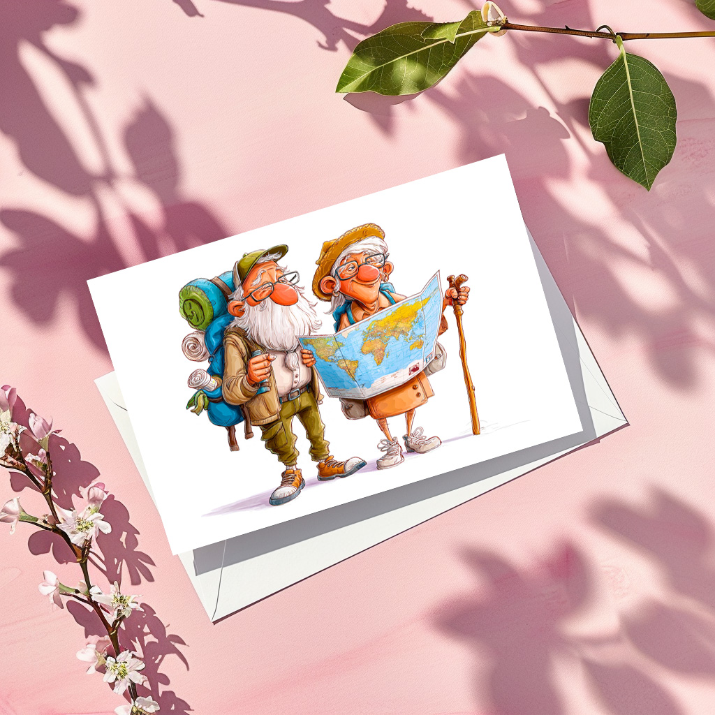 raxxa Postkarte: Elderly couple hiking with backpacks and walking sticks