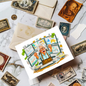 raxxa Postkarte: Elderly man celebrating stock market success joyfully