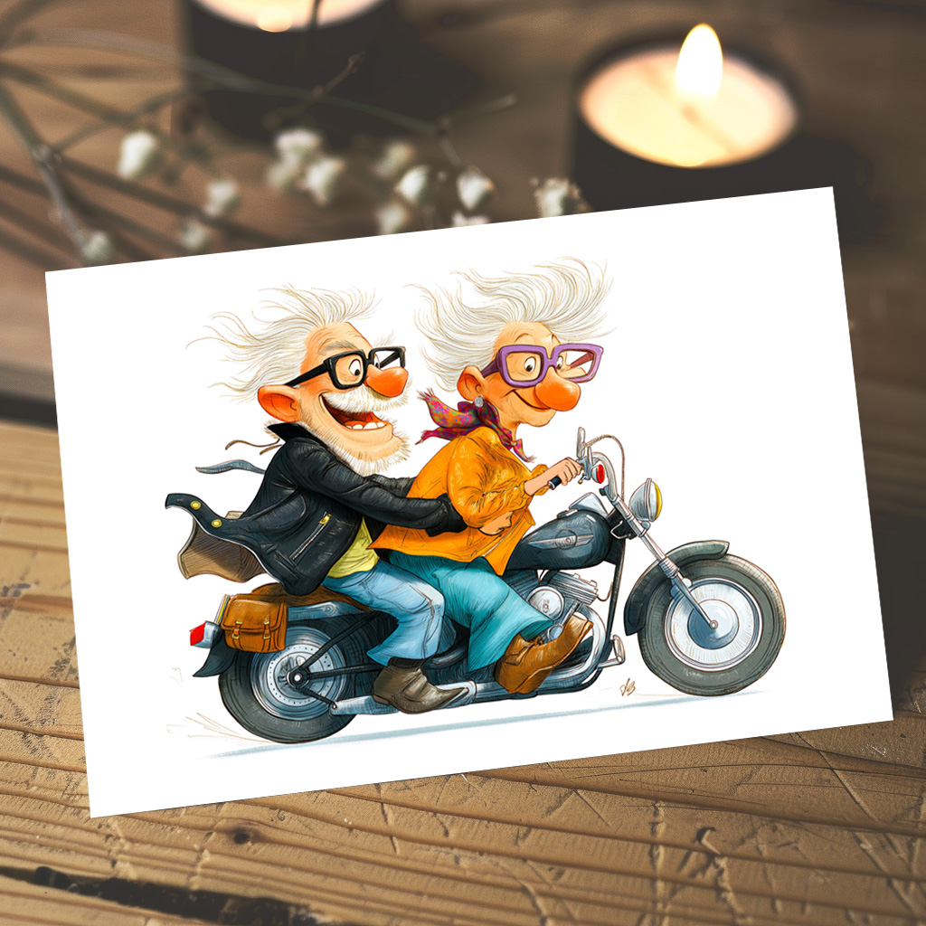 raxxa Postkarte: Funny illustration of seniors riding motorcycle