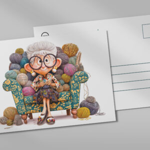 raxxa Postkarte: Elderly woman knitting happily surrounded by yarn balls