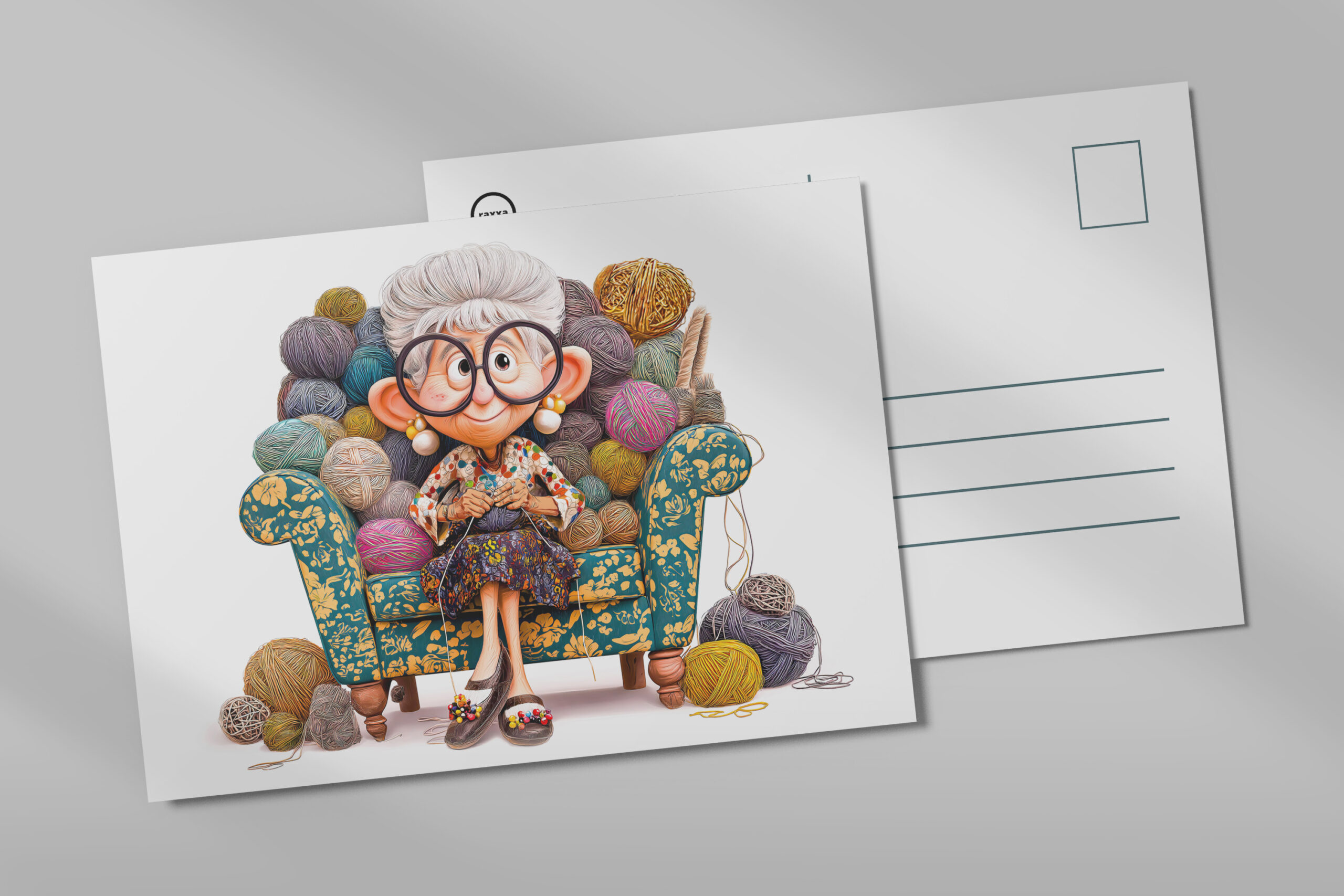 raxxa Postkarte: Elderly woman knitting happily surrounded by yarn balls