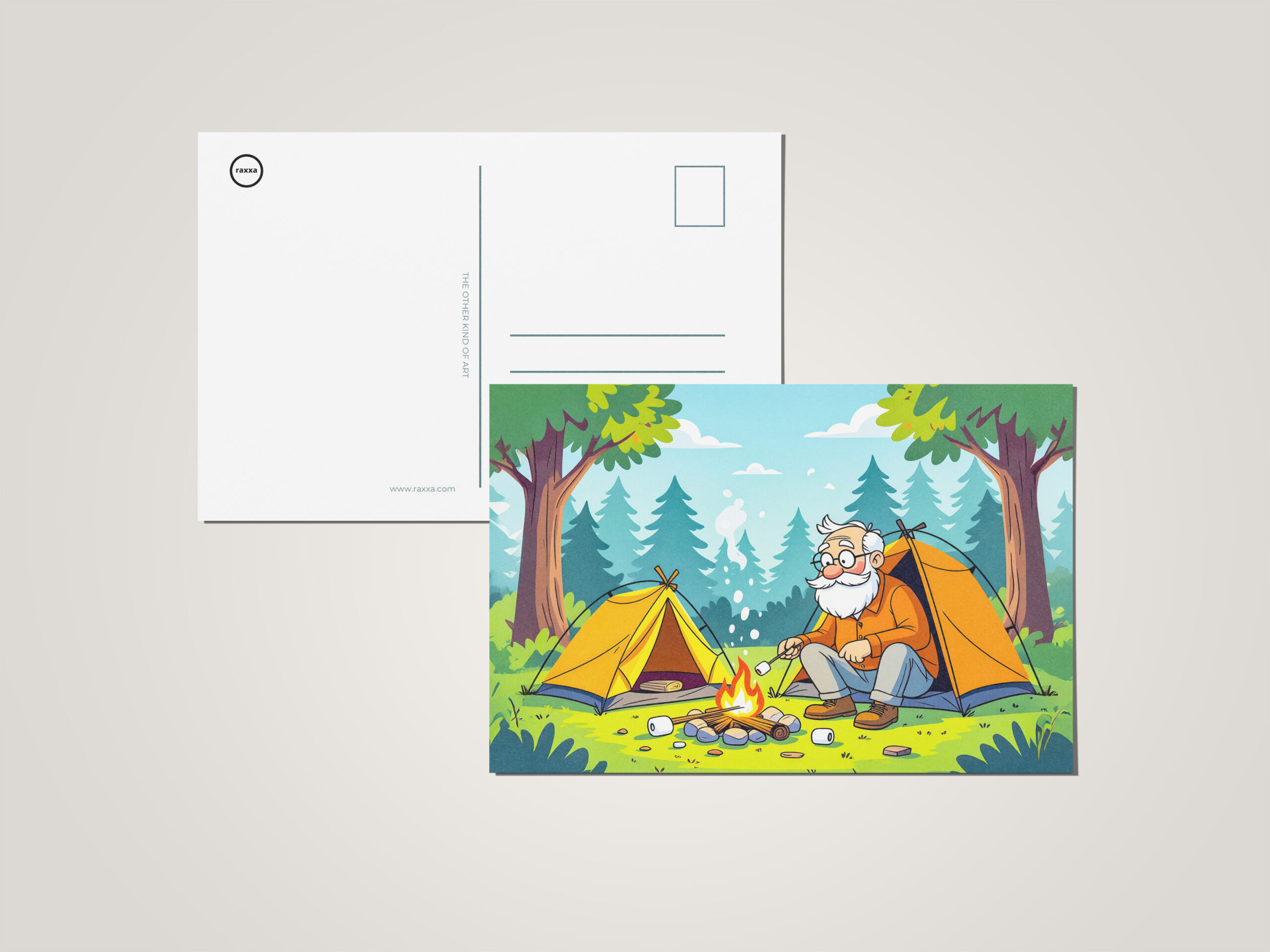 raxxa Postkarte: Grandpa camping and grilling in the wilderness